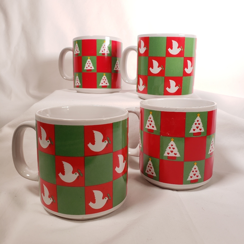 Doves and Pine Trees Checkered Coffee Tea Mug Set